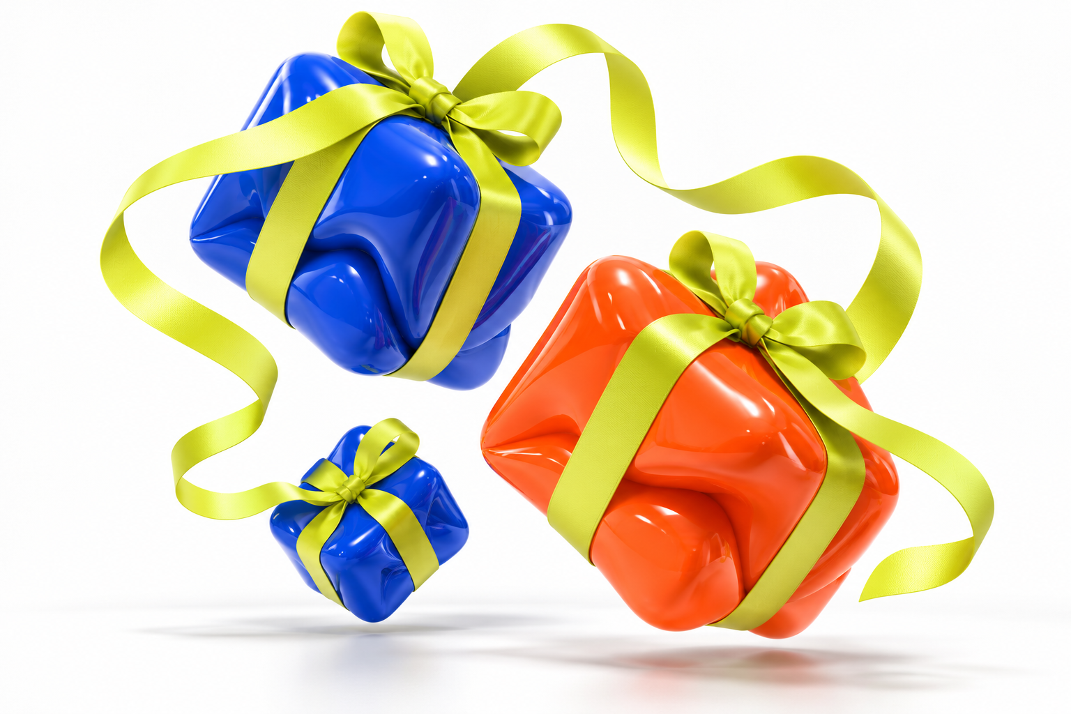 Sculptural blue and orange gift boxes with a lime ribbon